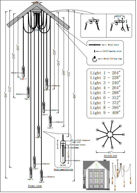 Custom Alabaster Flint 9 Light LED Multi-Drop Pendant
